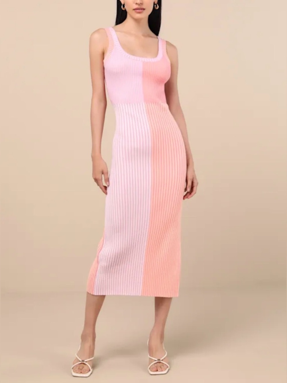 Lulus NWT “Radiant Personality” Pink Color Block Ribbed Knit Midi Dress. Small.